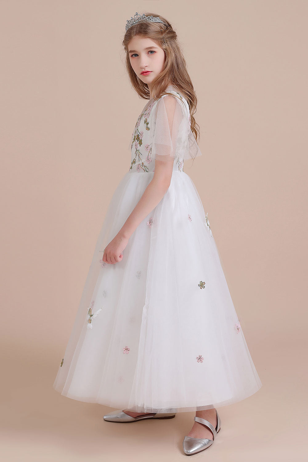 A-Line Short Sleeve Embroidered Tulle Flower Girl Dress On Sale - Fashionpara
