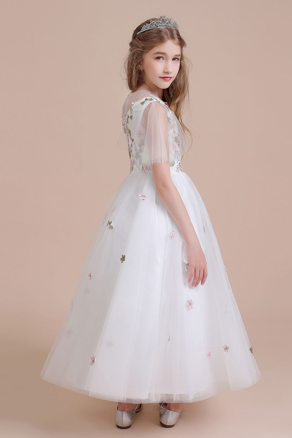 A-Line Short Sleeve Embroidered Tulle Flower Girl Dress On Sale - Fashionpara