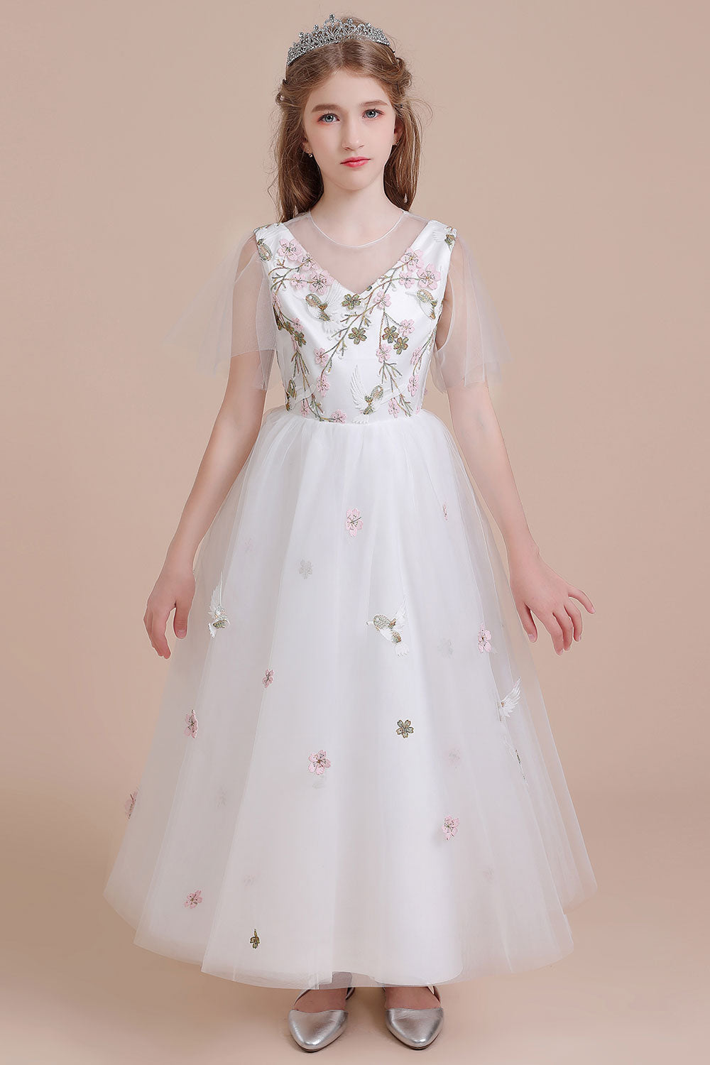 A-Line Short Sleeve Embroidered Tulle Flower Girl Dress On Sale - Fashionpara