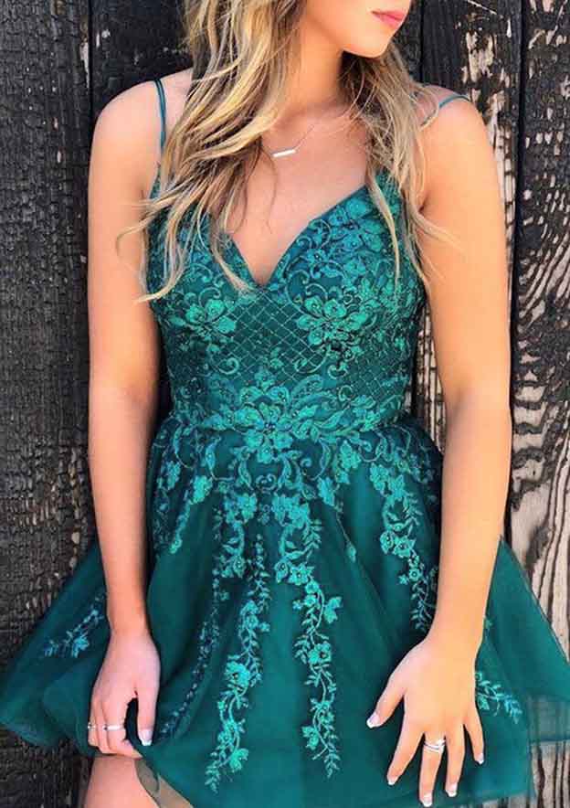 A-Line Sleeveless Laced Tulle Homecoming Dress with Appliqued Beading - Fashionpara