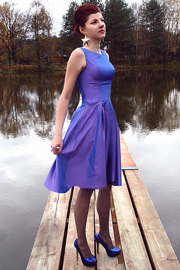 A-line Small Round Collar Knee Length Charmuse Bridesmaid Dress