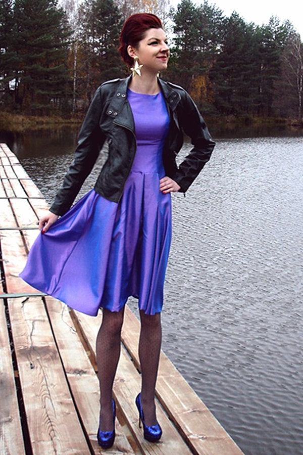 A-line Small Round Collar Knee Length Charmuse Bridesmaid Dress