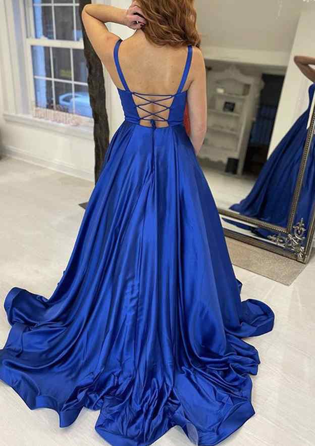 A-Line Square Neckline Satin Prom Dress/Evening Dress With Pockets and Sweep Train - Fashionpara