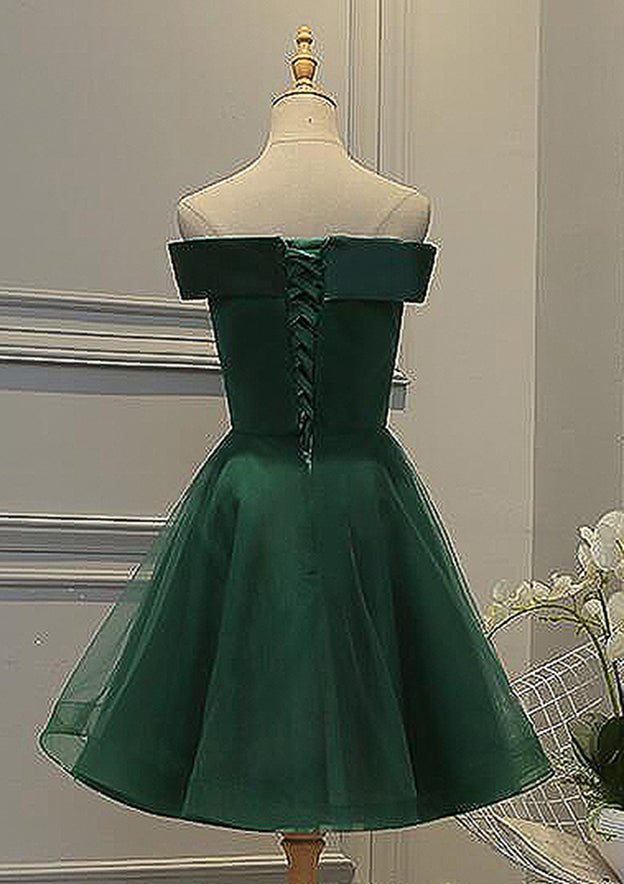 A-Line Square Neckline Sleeveless Tulle Satin Short/Mini Homecoming Dress With Appliqued Beading - Fashionpara