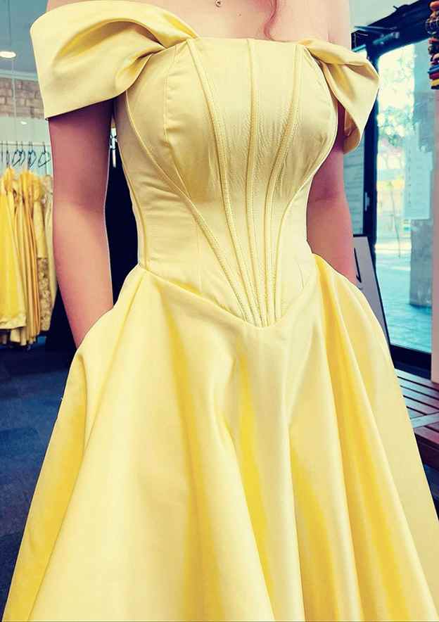 A-Line Strapless Satin Prom Dress/Evening Dress with Pleated Pockets - Fashionpara