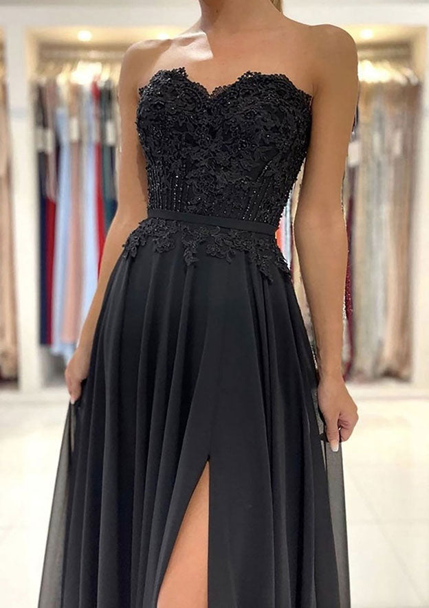A-Line Sweetheart Chiffon Prom Dress/Evening Dress with Laced Beading Split and Sweep Train - Fashionpara