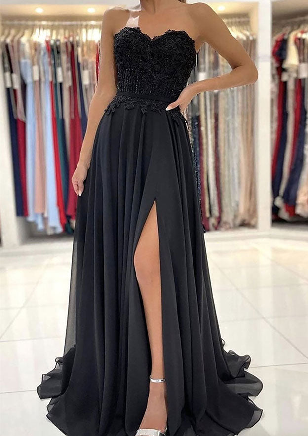 A-Line Sweetheart Chiffon Prom Dress/Evening Dress with Laced Beading Split and Sweep Train - Fashionpara