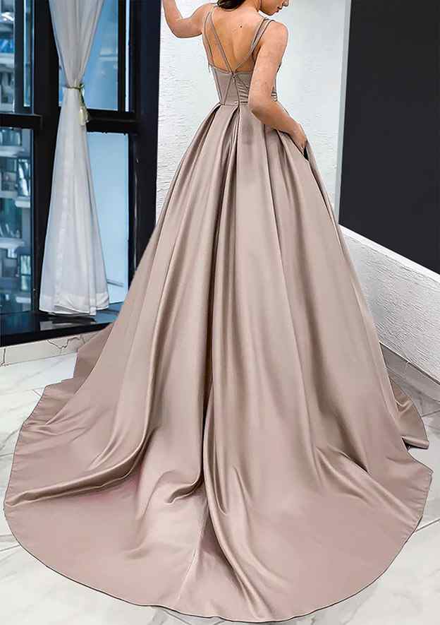A-Line Sweetheart Sleeveless Satin Prom Dress/Evening Dress with Pockets and Sweep Train - Fashionpara