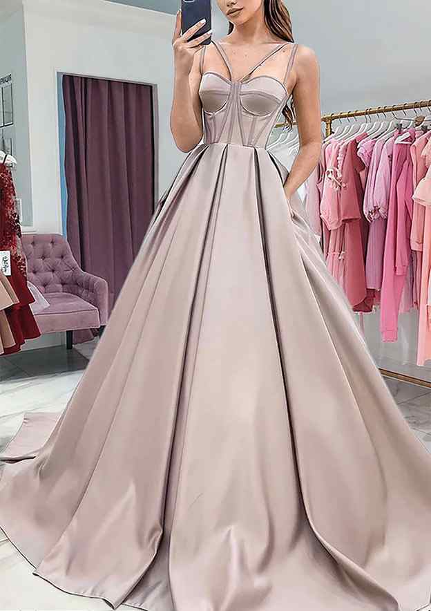 A-Line Sweetheart Sleeveless Satin Prom Dress/Evening Dress with Pockets and Sweep Train - Fashionpara