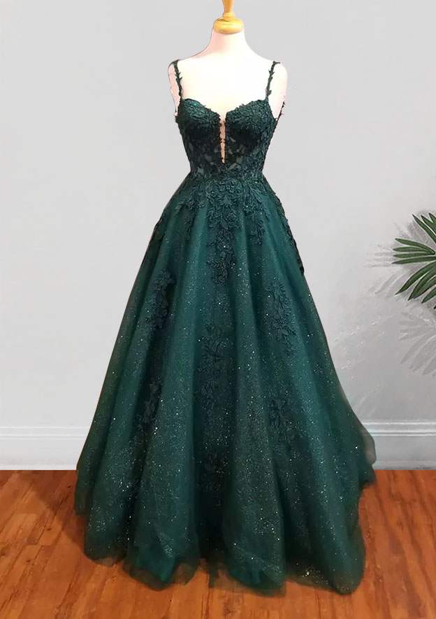 A-Line Sweetheart Spaghetti Straps Tulle Prom Dress/Evening Dress with Beading Glitter Appliqued - Fashionpara