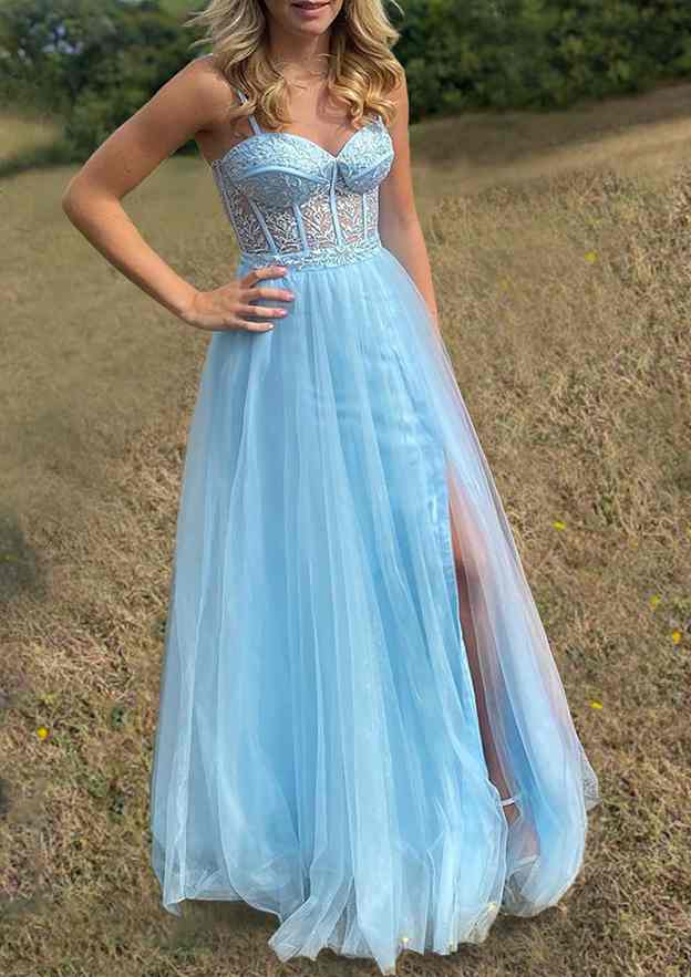A-Line Sweetheart Spaghetti Straps Tulle Prom Dress/Evening Dress with Split Applique - Fashionpara
