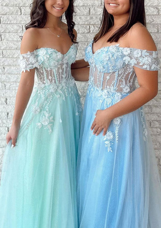 A-Line Tulle Prom Dress/Evening Dress with Laced Appliqu¨¦ - Off-the-Shoulder Long/Floor-Length - Fashionpara