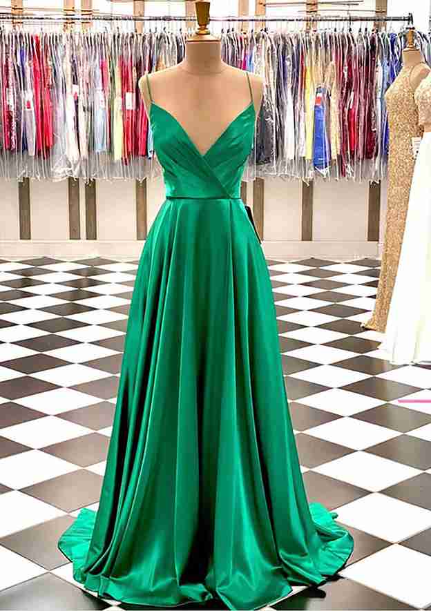 A-Line V-Neck Charmeuse Prom Dress/Evening Dress With Pleated Spaghetti Straps and Sweep Train - Fashionpara