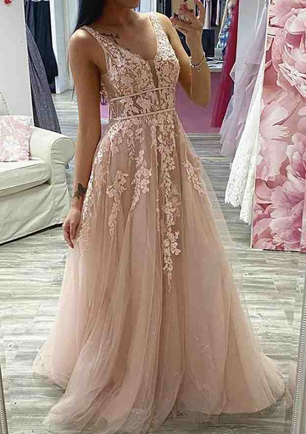 A-Line V-Neck Glitter Prom Dress/Evening Dress with Appliqued Tulle - Sleeveless Long/Floor-Length - Fashionpara