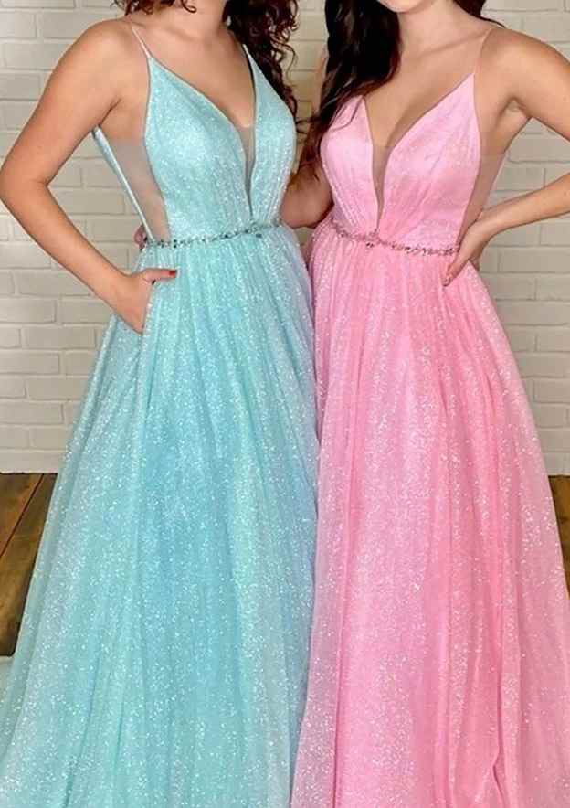 A-Line V-Neck Glitter Prom Dress/Evening Dress with Beading Pockets and Sleeveless Floor-Length Tulle Design - Fashionpara