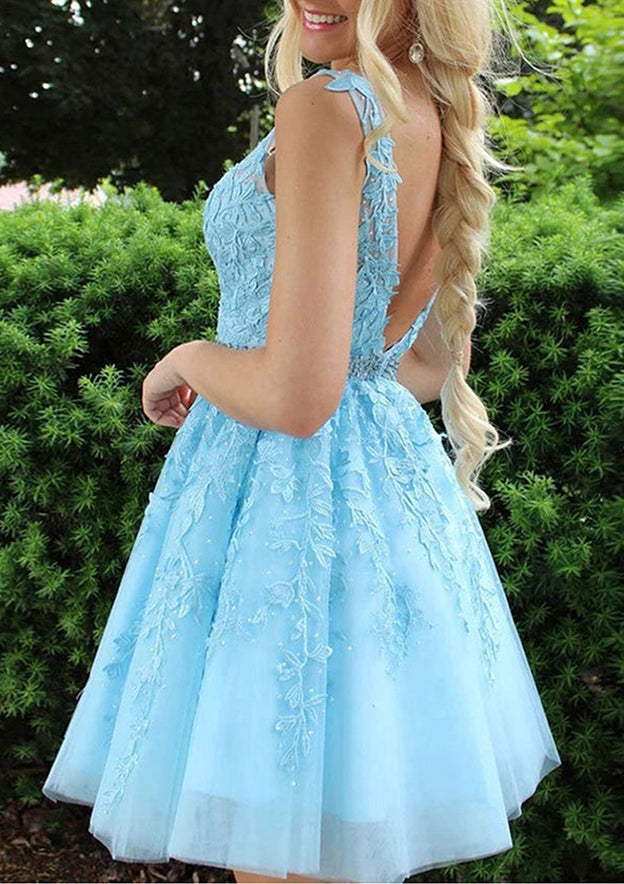 A-Line V-Neck Laced Tulle Short Homecoming Dress With Appliqued Beading - Fashionpara