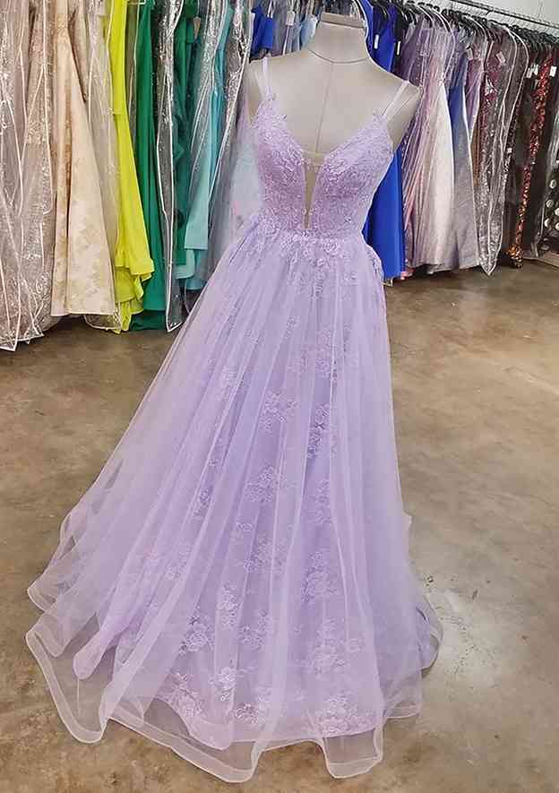 A-Line V-Neck Long Laced Tulle Prom Dress/Evening Dress - Fashionpara