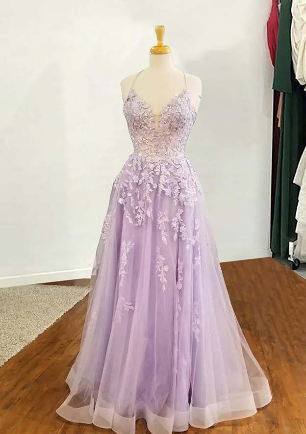A-Line V-Neck Prom Dress/Evening Dress with Appliqued Sequins - Long/Floor-Length Tulle - Fashionpara