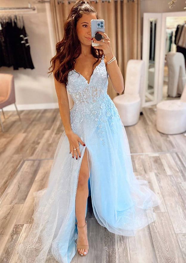 A-Line V-Neck Prom Dress/Evening Dress with Glitter Split Appliques and Tulle Sweep Train - Fashionpara