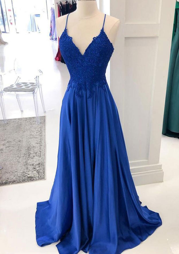 A-Line V-Neck Sleeveless Charmeuse Prom Dress/Evening Dress With Appliqued Beading Laced for Long/Floor-Length Look - Fashionpara
