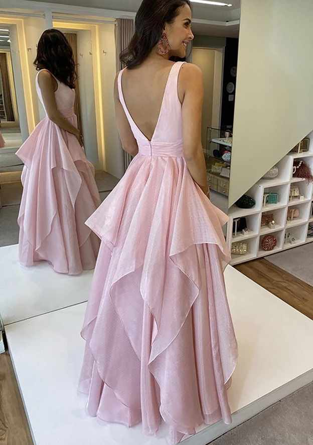 A-Line V-Neck Sleeveless Chiffon Long Prom Dress/Evening Dress with Pleated Skirt - Fashionpara