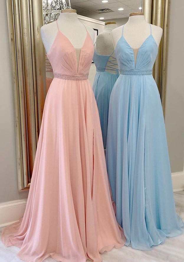 A-Line V-Neck Sleeveless Chiffon Sweep Train Prom Dress/Evening Dress With Beading Pleated - Fashionpara