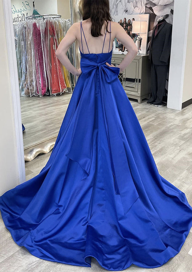 A-Line V-Neck Sleeveless Court Train Satin Prom Dress/Evening Dress with Bowknot Pleated Waistband - Fashionpara