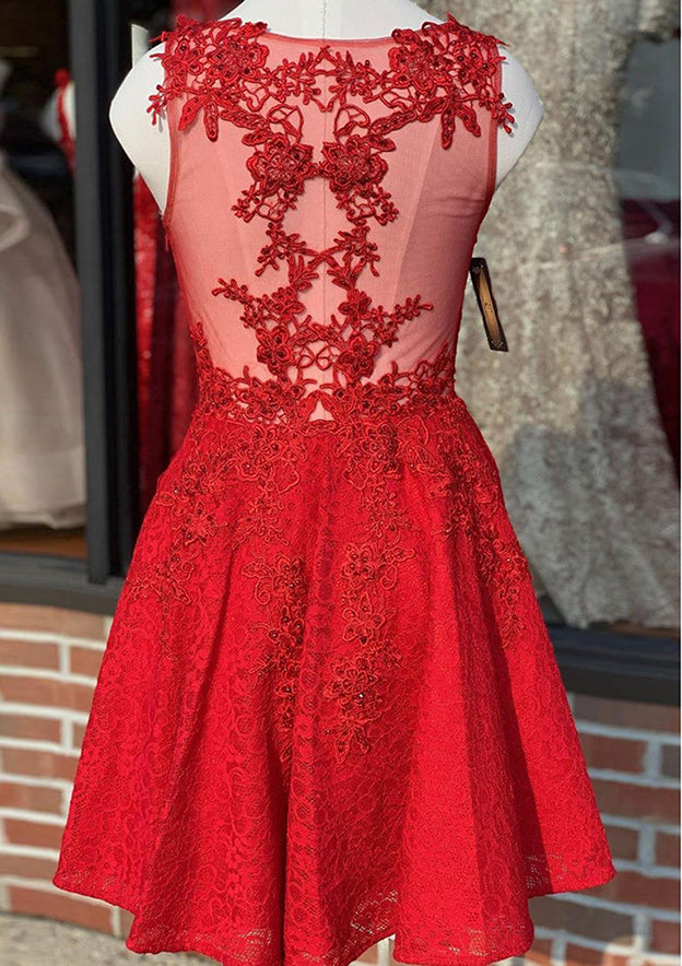 A-Line V-Neck Sleeveless Laced Homecoming Dress with Beading - Fashionpara