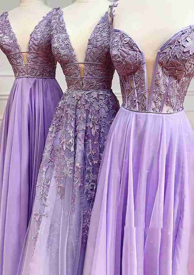 A-Line V-Neck Sleeveless Laced Long Prom Dress/Evening Dress with Beading - Fashionpara