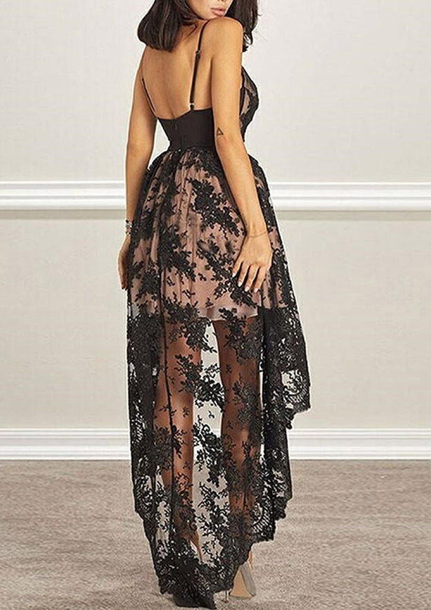 A-Line V-Neck Sleeveless Laced Satin Asymmetrical Homecoming Dress with Sequins - Fashionpara