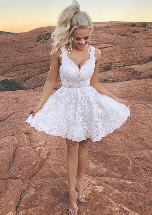 A-Line V-Neck Sleeveless Laced Short/Mini Homecoming Dress - Fashionpara