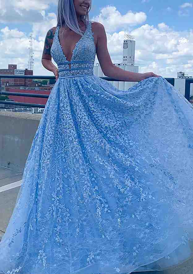A-Line V-Neck Sleeveless Long Prom Dress/Evening Dress With Laced Tulle & Beading Sequins - Fashionpara