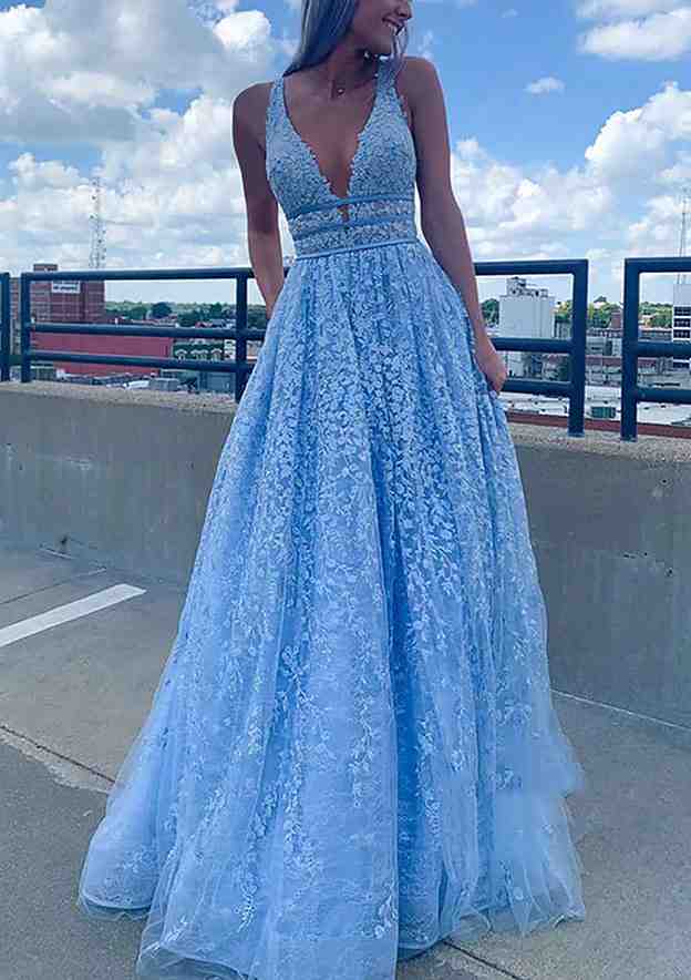 A-Line V-Neck Sleeveless Long Prom Dress/Evening Dress With Laced Tulle & Beading Sequins - Fashionpara