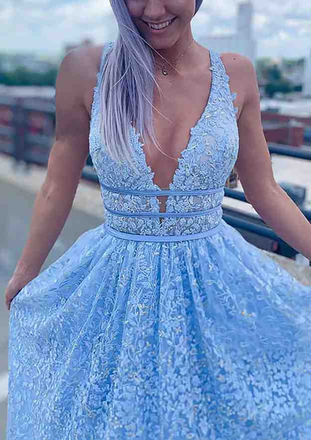 A-Line V-Neck Sleeveless Long Prom Dress/Evening Dress With Laced Tulle & Beading Sequins - Fashionpara