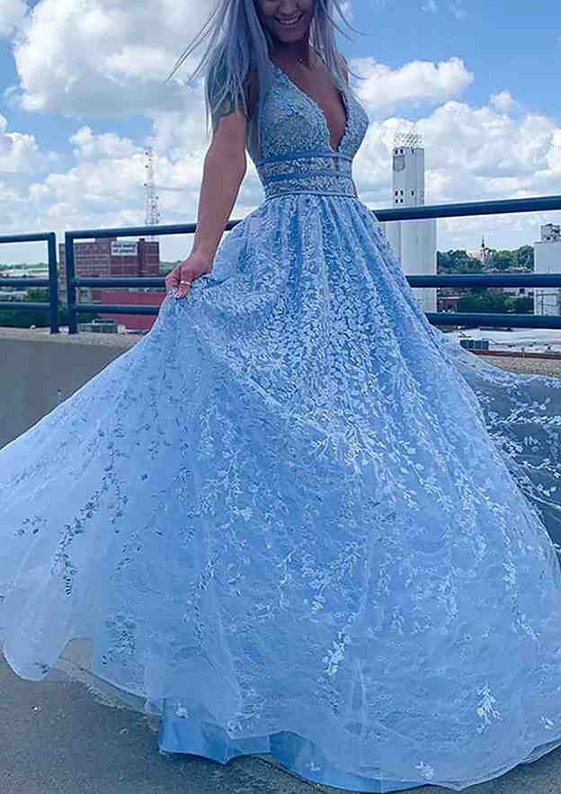 A-Line V-Neck Sleeveless Long Prom Dress/Evening Dress With Laced Tulle & Beading Sequins - Fashionpara