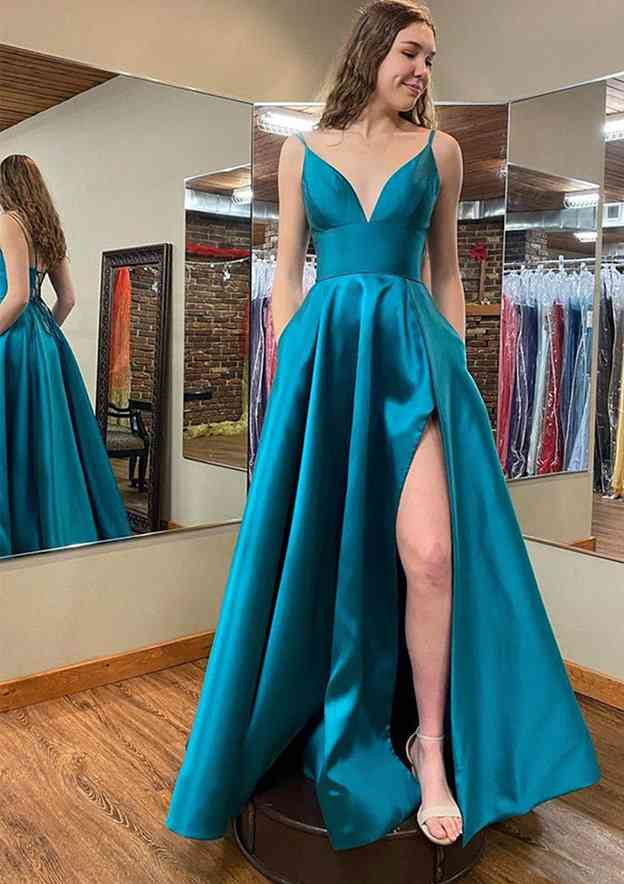 A-Line V-Neck Sleeveless Satin Long/Floor-Length Prom Dress/Evening Dress With Pockets Split - Fashionpara