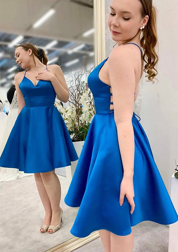 A-Line V-Neck Sleeveless Satin Short Homecoming Dress - Fashionpara