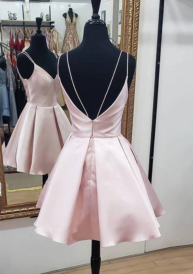 A-Line V-Neck Sleeveless Satin Short Homecoming Dress with Ruffles - Fashionpara