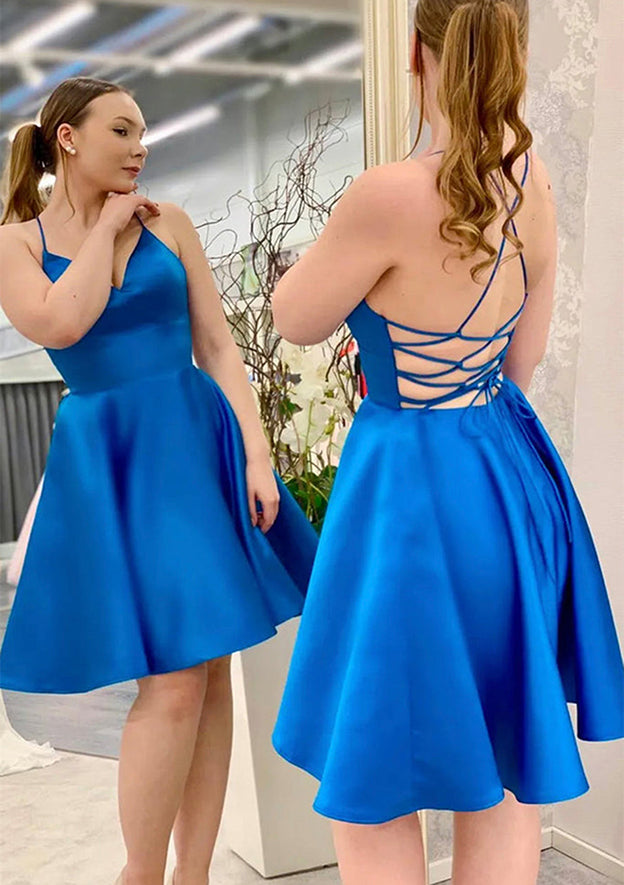 A-Line V-Neck Sleeveless Satin Short Homecoming Dress - Fashionpara
