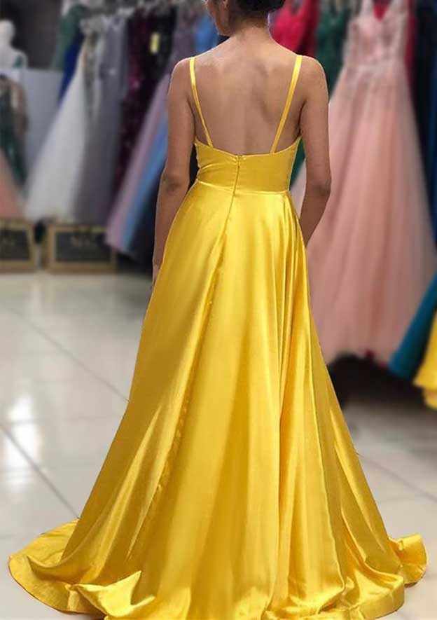 A-Line V-Neck Sleeveless Satin Sweep Train Prom Dress/Evening Dress With Pleated Detail - Fashionpara