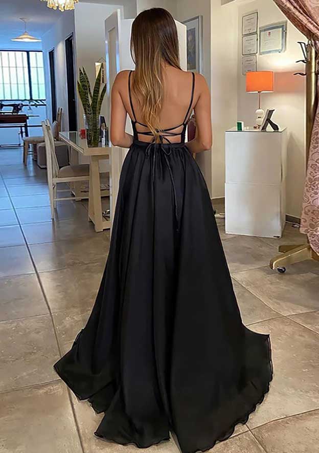 A-Line V-Neck Sleeveless Sequined Prom Dress/Evening Dress with Ruffles and Sweep Train - Fashionpara