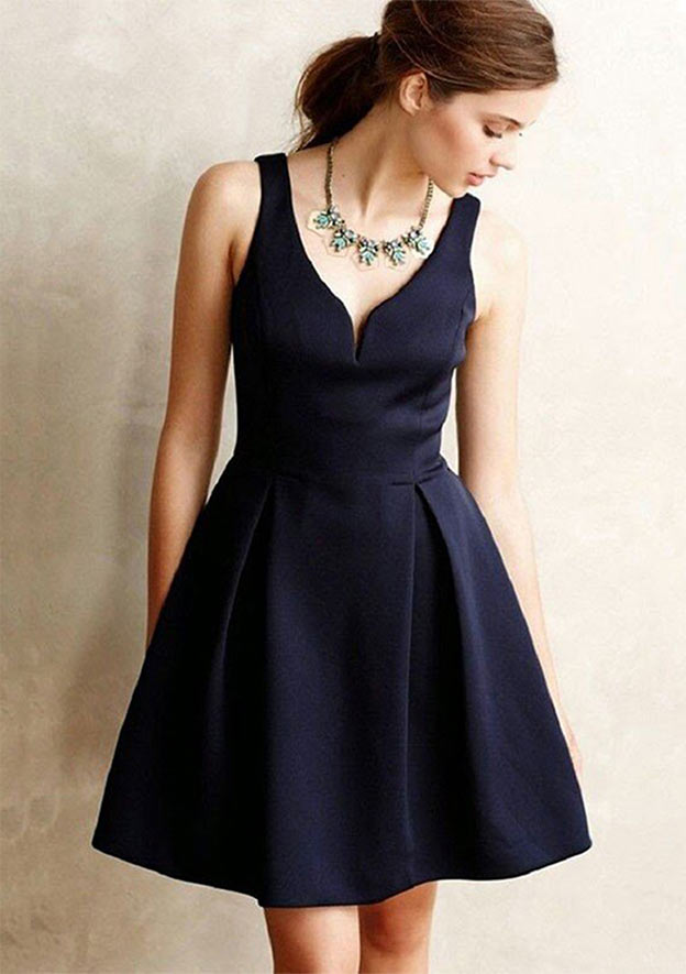 A-Line V-Neck Sleeveless Short/Mini Satin Homecoming Dress - Fashionpara
