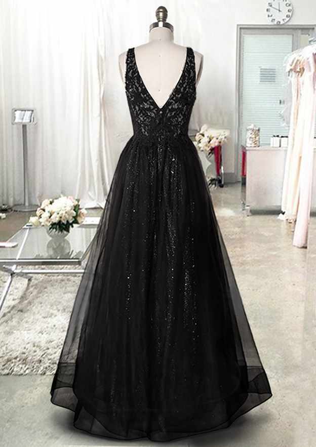 A-Line V-Neck Sleeveless Tulle Prom Dress/Evening Dress with Beading Appliqued for Long/Floor-Length Look - Fashionpara