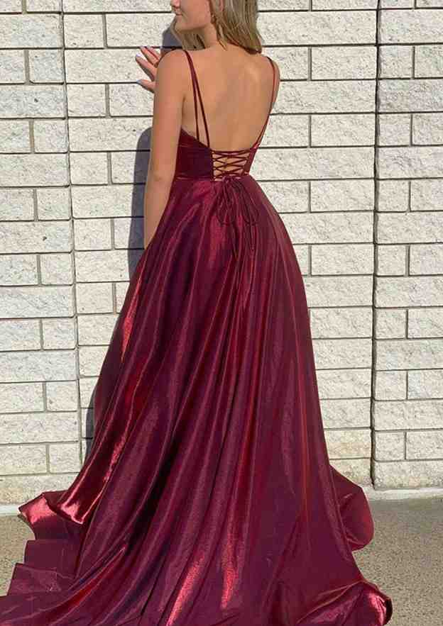 A-Line V-Neck Spaghetti Straps Court Train Satin Organza Prom Dress/Evening Dress With Pockets and Split - Fashionpara