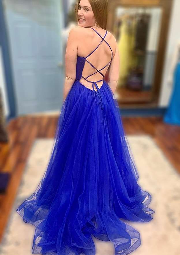 A-Line V-Neck Spaghetti Straps Court Train Tulle Prom Dress/Evening Dress With Split - Fashionpara