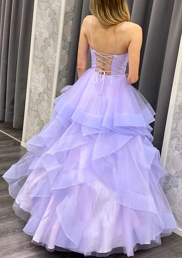 A-Line V-Neck Spaghetti Straps Long Prom Dress/Evening Dress with Ruffles in Organza - Fashionpara