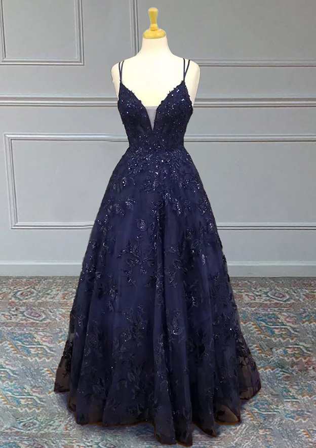 A-Line V-Neck Spaghetti Straps Long Tulle Prom Dress/Evening Dress with Appliqued Beading Sequins - Fashionpara