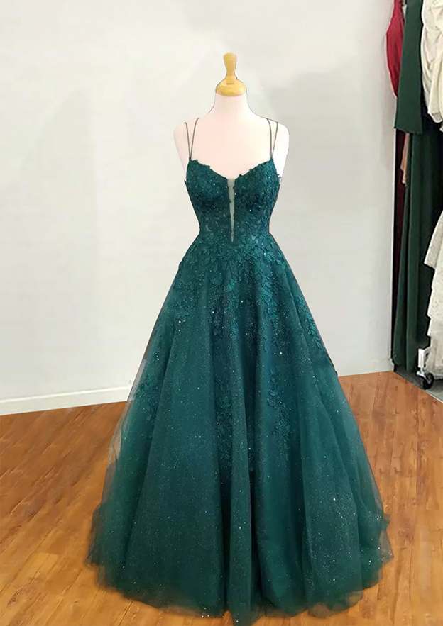 A-Line V-Neck Spaghetti Straps Long/Floor-Length Tulle Prom Dress/Evening Dress with Glitter Applique - Fashionpara