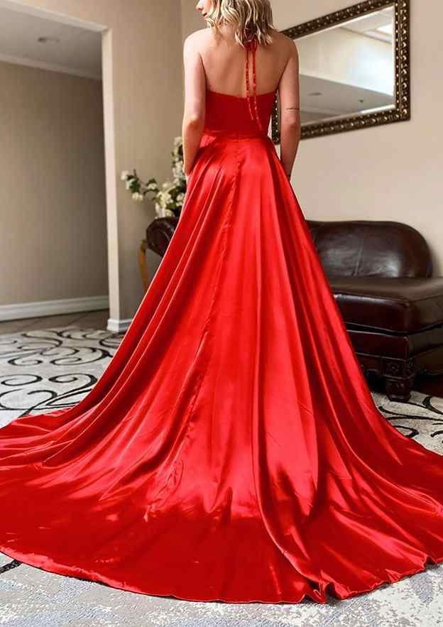 A-Line V-Neck Spaghetti Straps Prom Dress/Evening Dress With Pockets Split - Charmeuse Sweep Train - Fashionpara