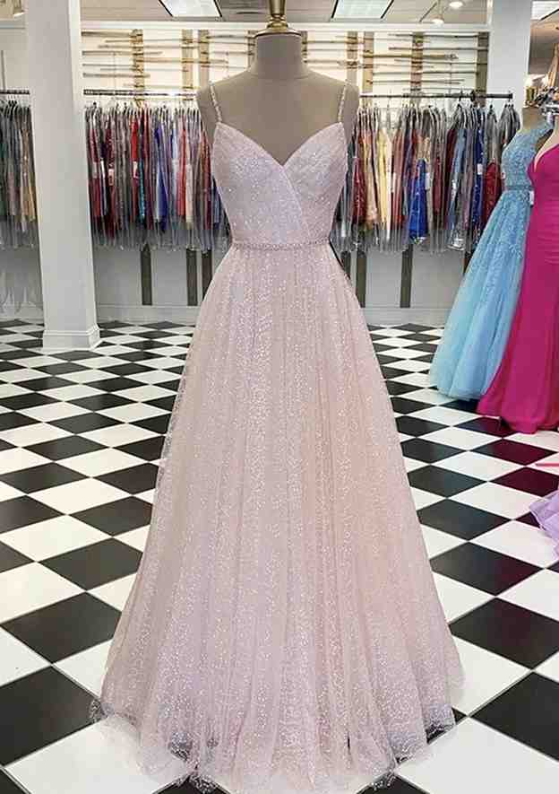 A-Line V-Neck Spaghetti Straps Tulle Prom Dress/Evening Dress With Beading Sequins - Fashionpara